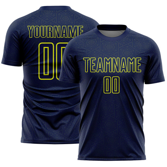 Custom Navy Neon Yellow Geometric Shape Sports Sublimation Soccer Uniform Jersey - Main View