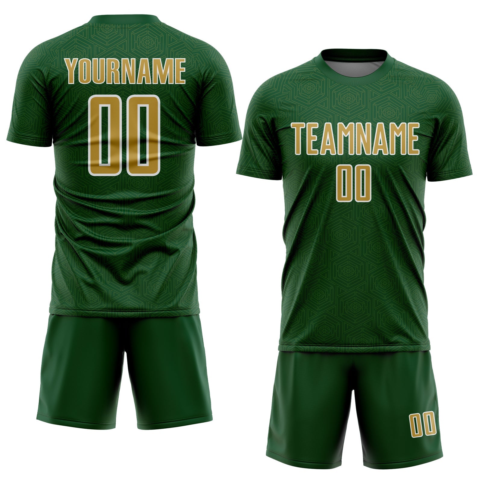 Custom Green Old Gold-White Geometric Shape Sports Sublimation Soccer Uniform Jersey view 2