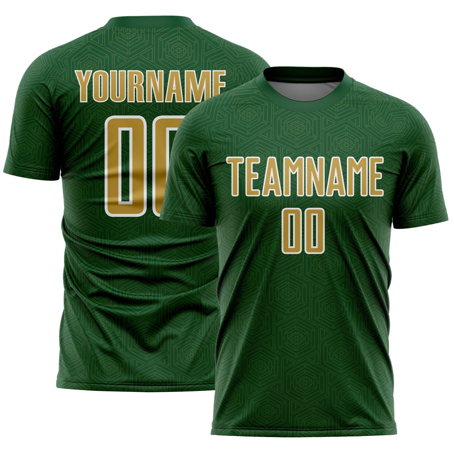 Custom Green Old Gold-White Geometric Shape Sports Sublimation Soccer Uniform Jersey - Main View