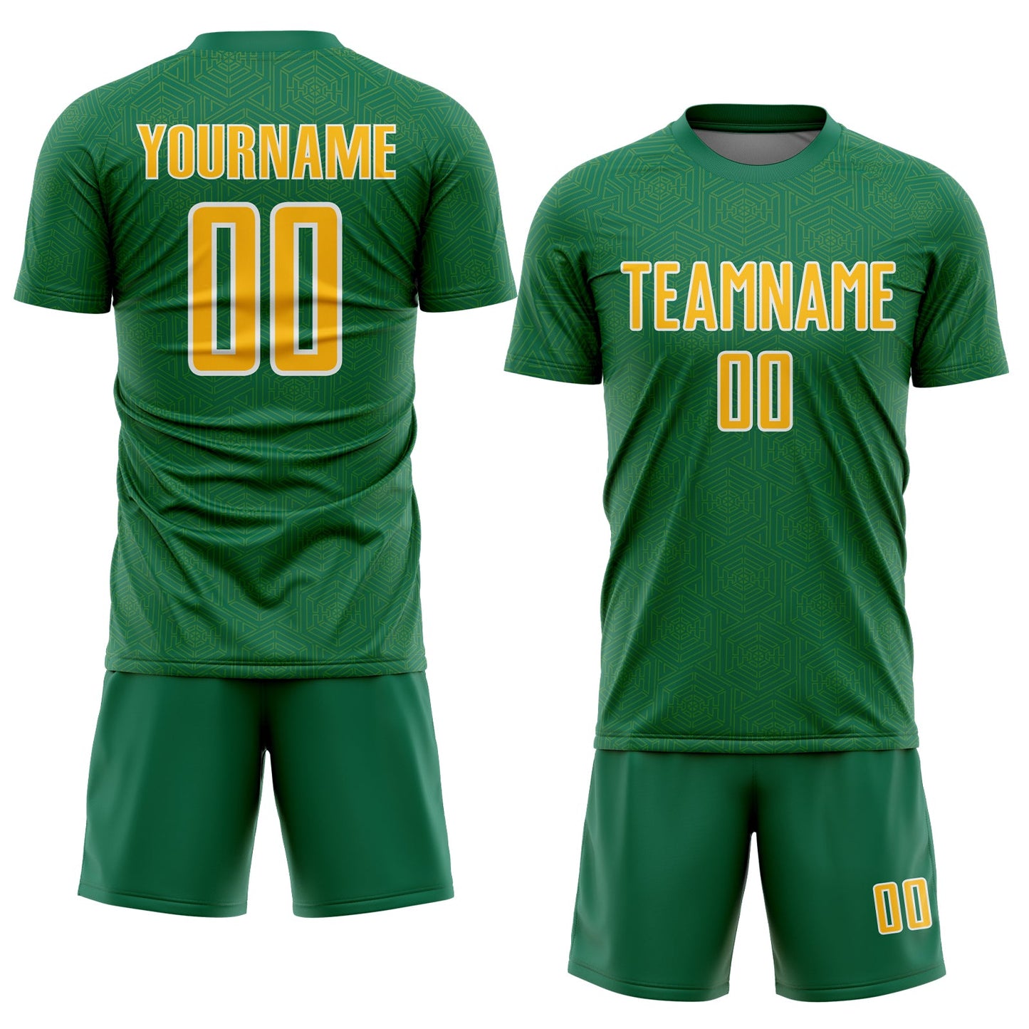 Custom Kelly Green Gold-White Geometric Shape Sports Sublimation Soccer Uniform Jersey view 2