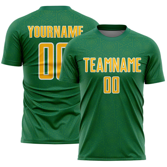 Custom Kelly Green Gold-White Geometric Shape Sports Sublimation Soccer Uniform Jersey - Main View