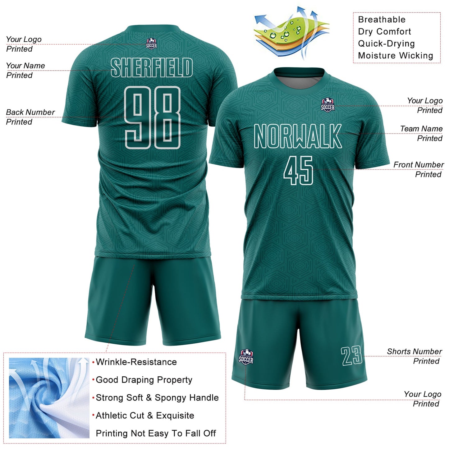Custom Teal White Geometric Shape Sports Sublimation Soccer Uniform Jersey view 4