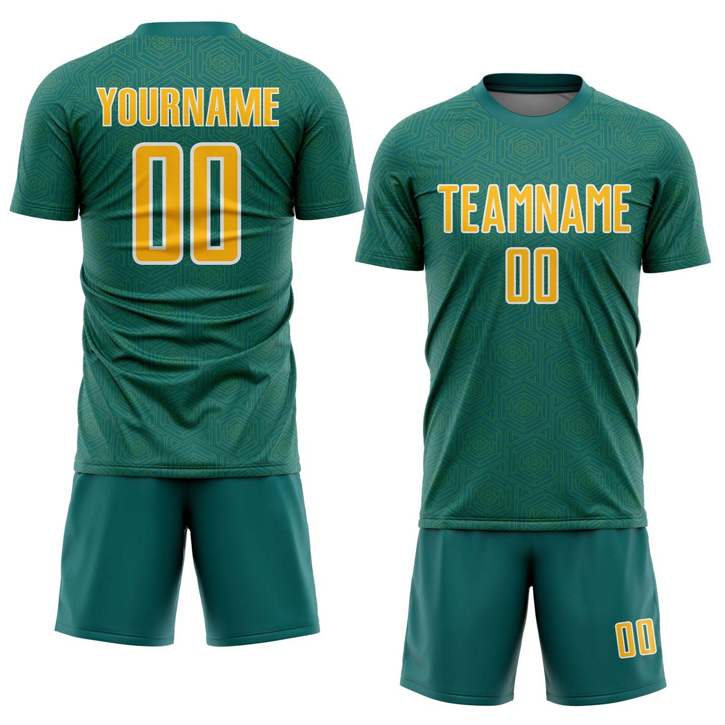Custom Teal Gold-White Geometric Shape Sports Sublimation Soccer Uniform Jersey view 2