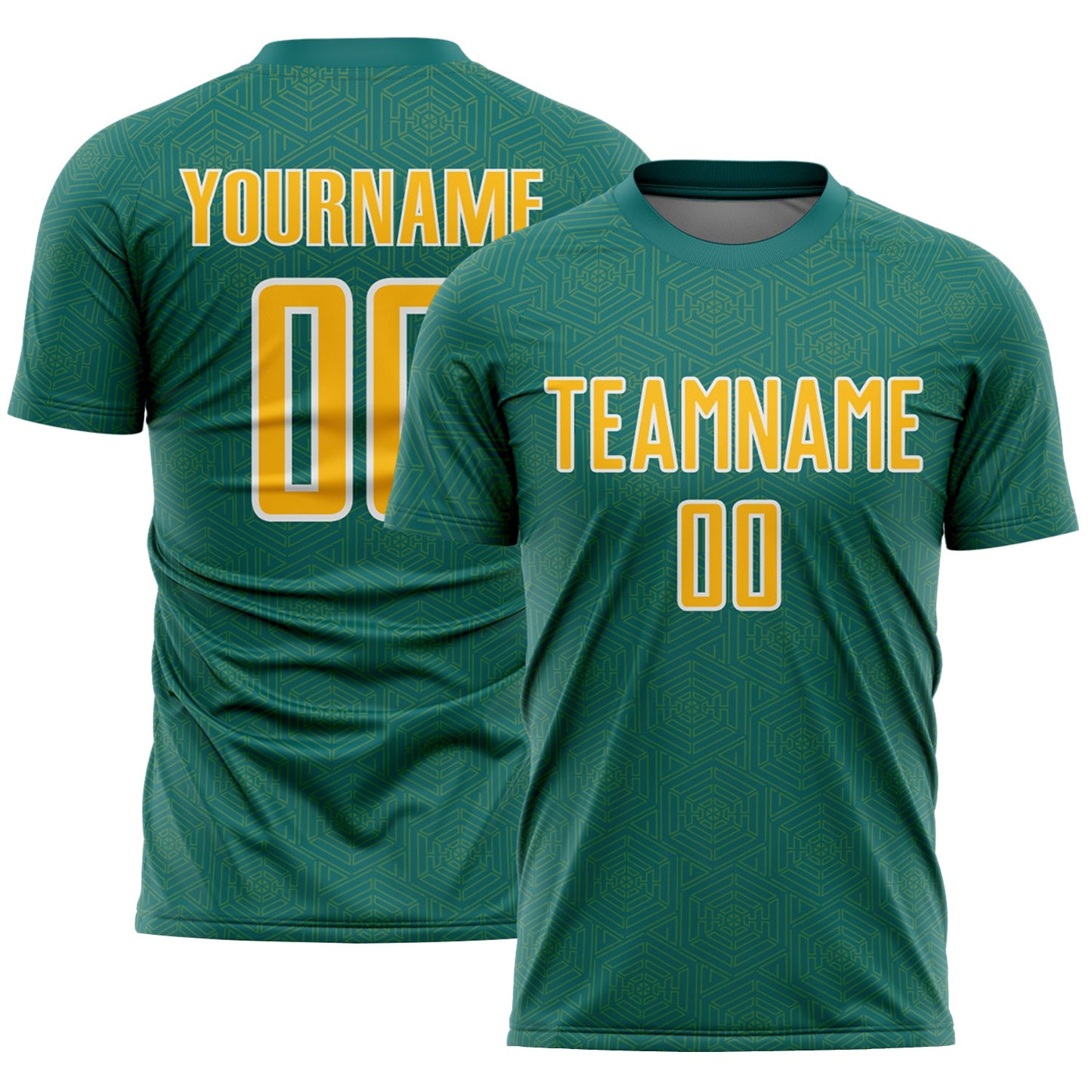 Custom Teal Gold-White Geometric Shape Sports Sublimation Soccer Uniform Jersey - Main View