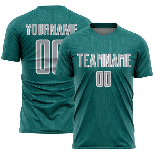 Custom Teal Gray-White Geometric Shape Sports Sublimation Soccer Uniform Jersey - Main View