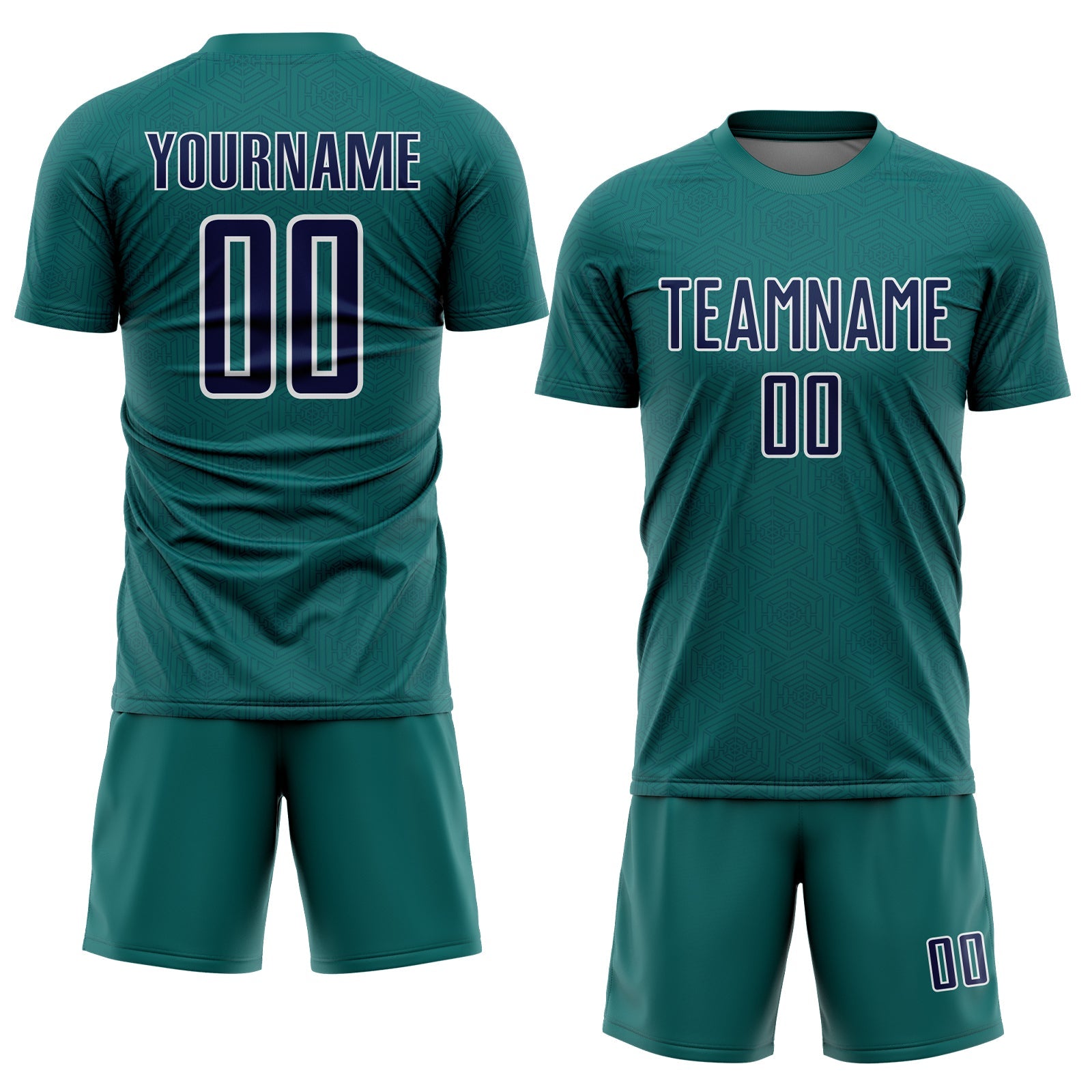 Custom Teal Navy-White Geometric Shape Sports Sublimation Soccer Uniform Jersey view 2