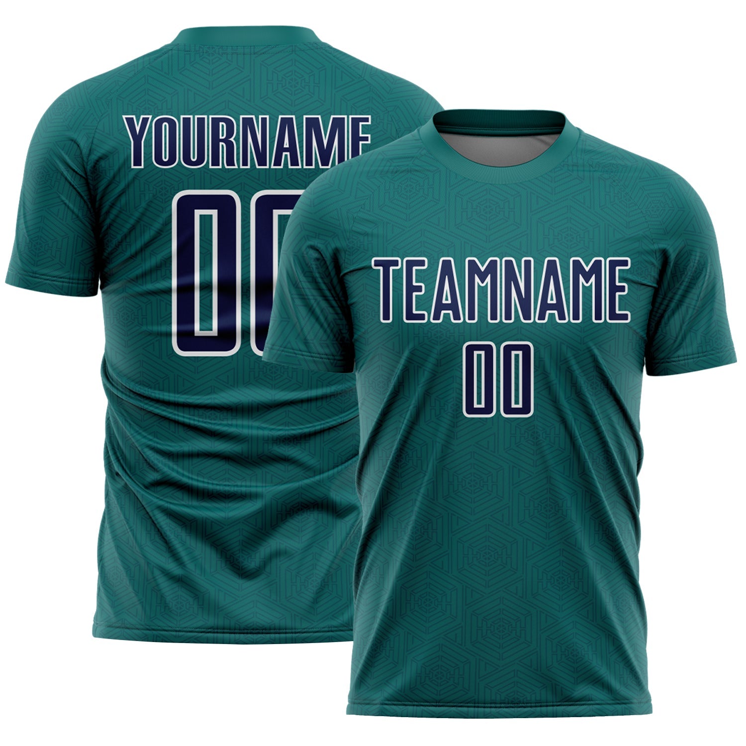 Custom Teal Navy-White Geometric Shape Sports Sublimation Soccer Uniform Jersey - Main View
