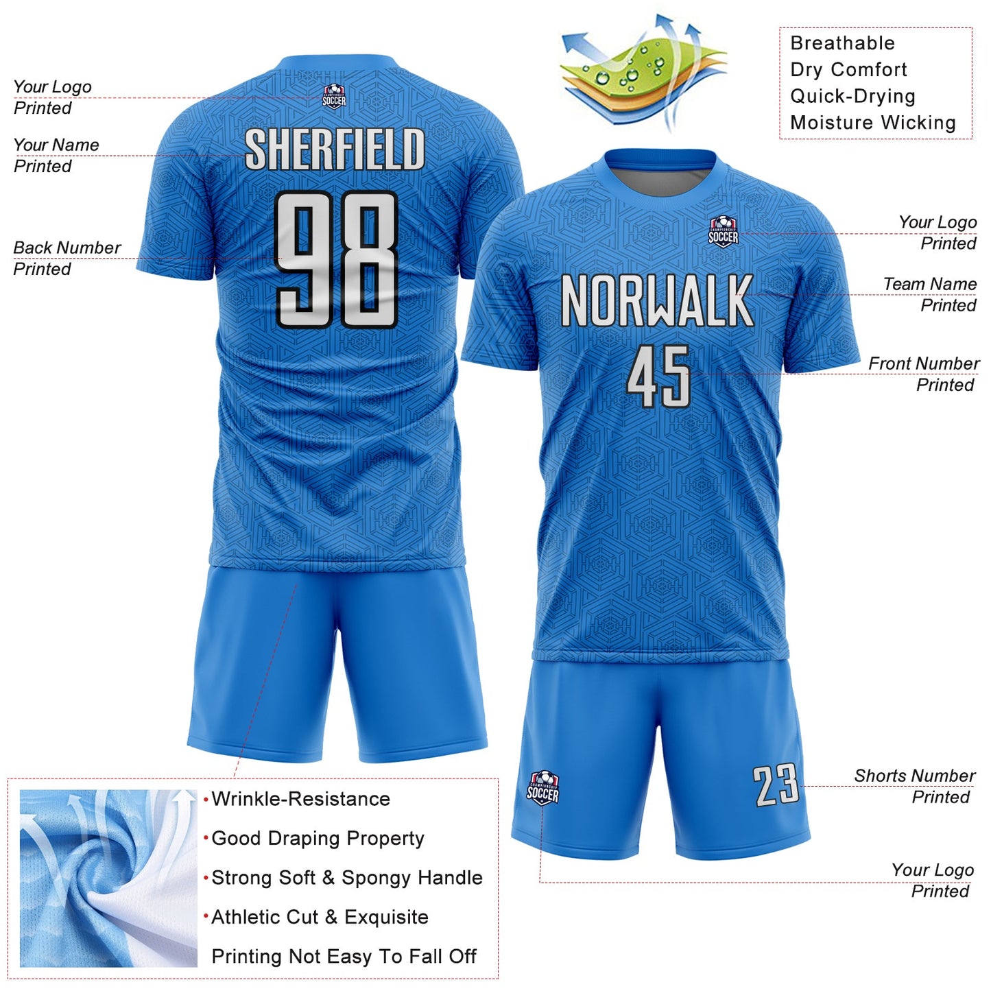 Custom Powder Blue White-Black Geometric Shape Sports Sublimation Soccer Uniform Jersey view 4