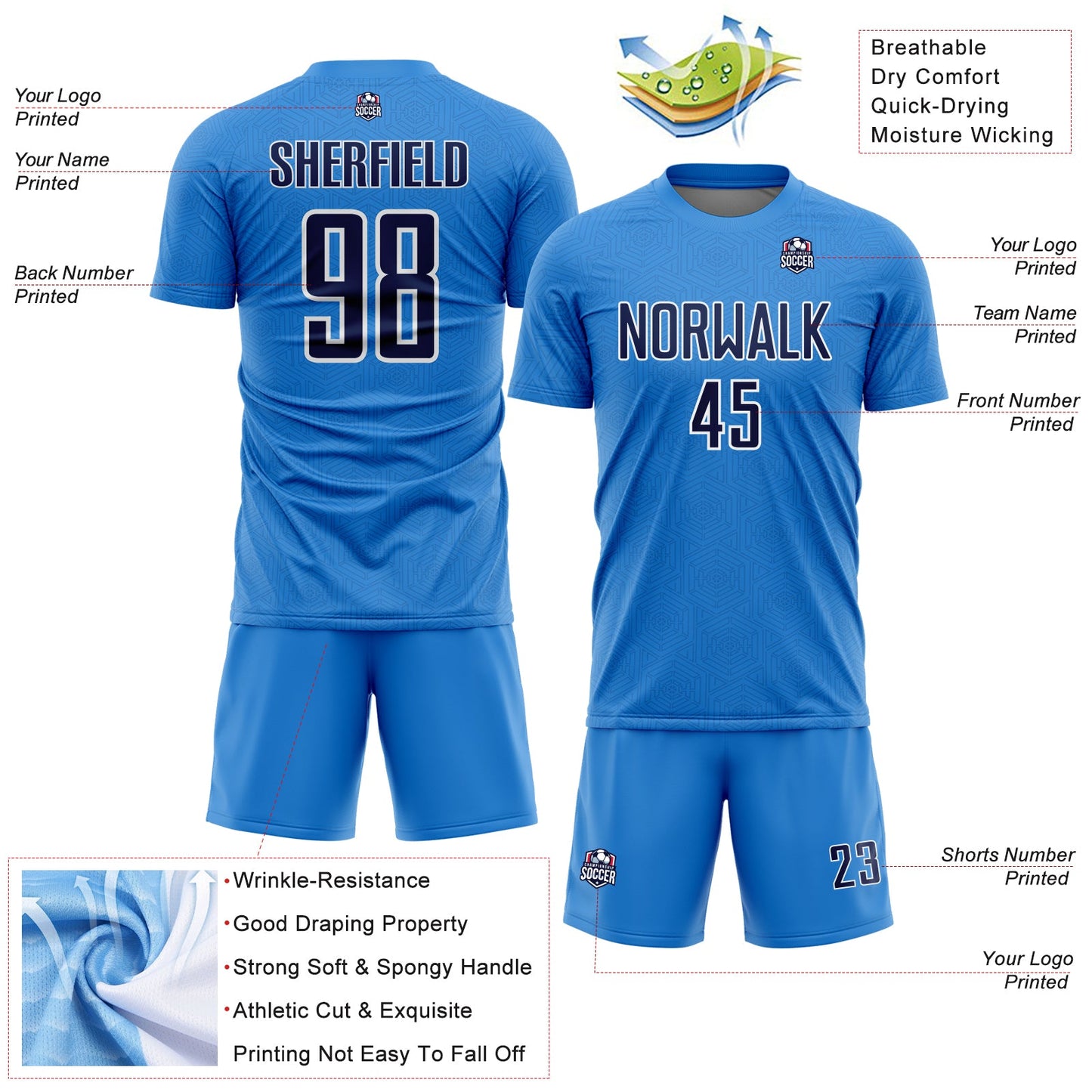 Custom Powder Blue Navy-White Geometric Shape Sports Sublimation Soccer Uniform Jersey view 4