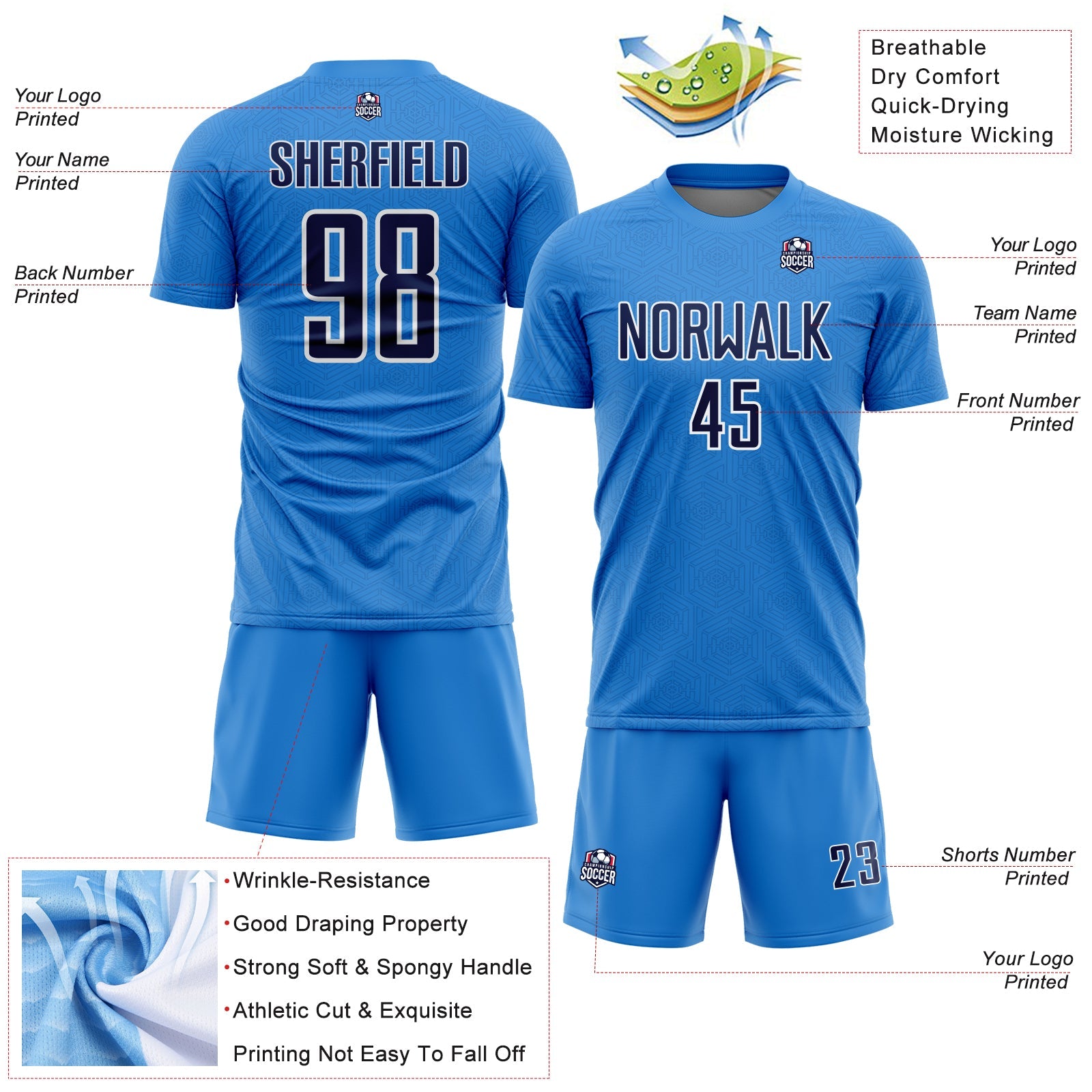 Custom Powder Blue Navy-White Geometric Shape Sports Sublimation Soccer Uniform Jersey view 4
