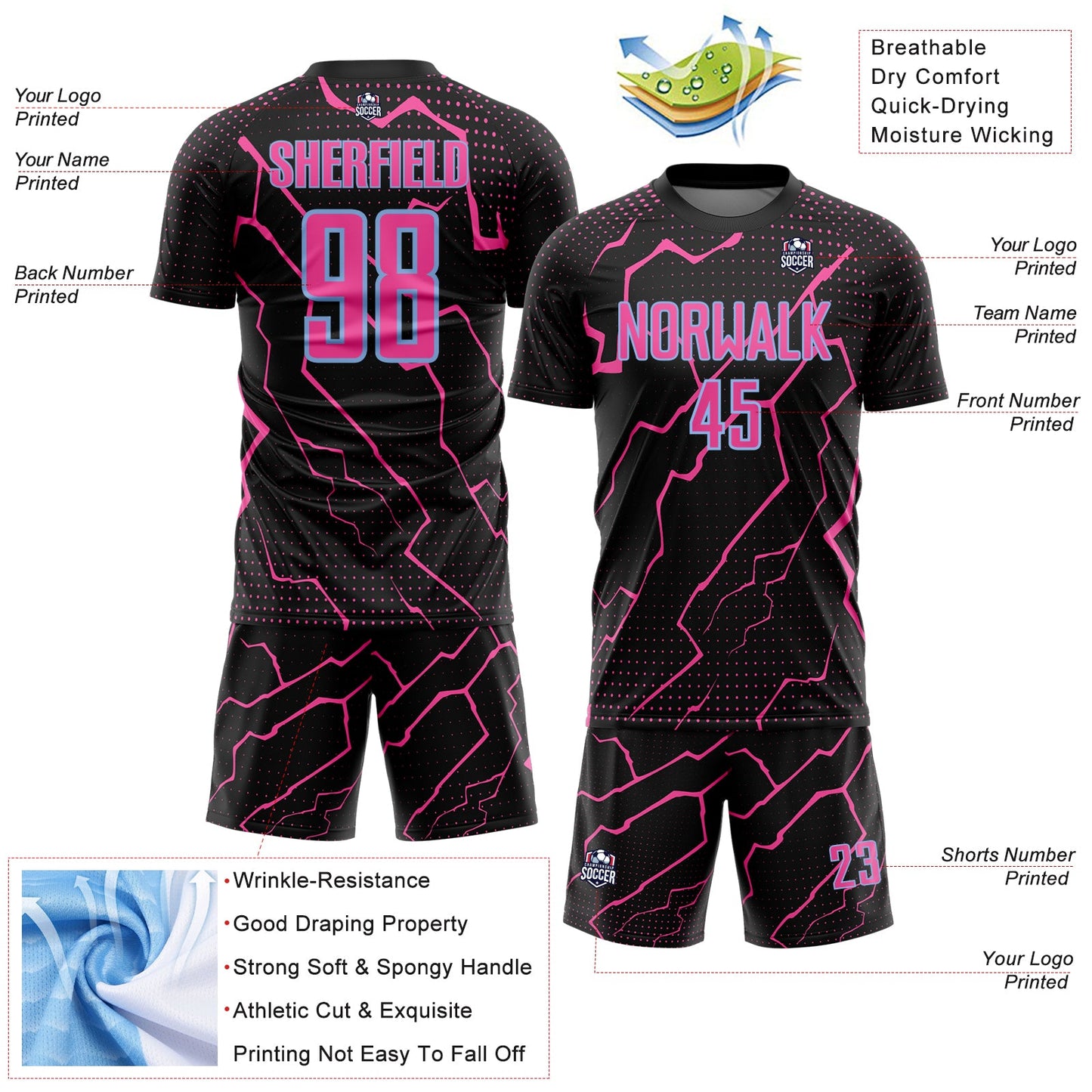 Custom Black Pink-Light Blue Lightning Sports Sublimation Soccer Uniform Jersey view 4