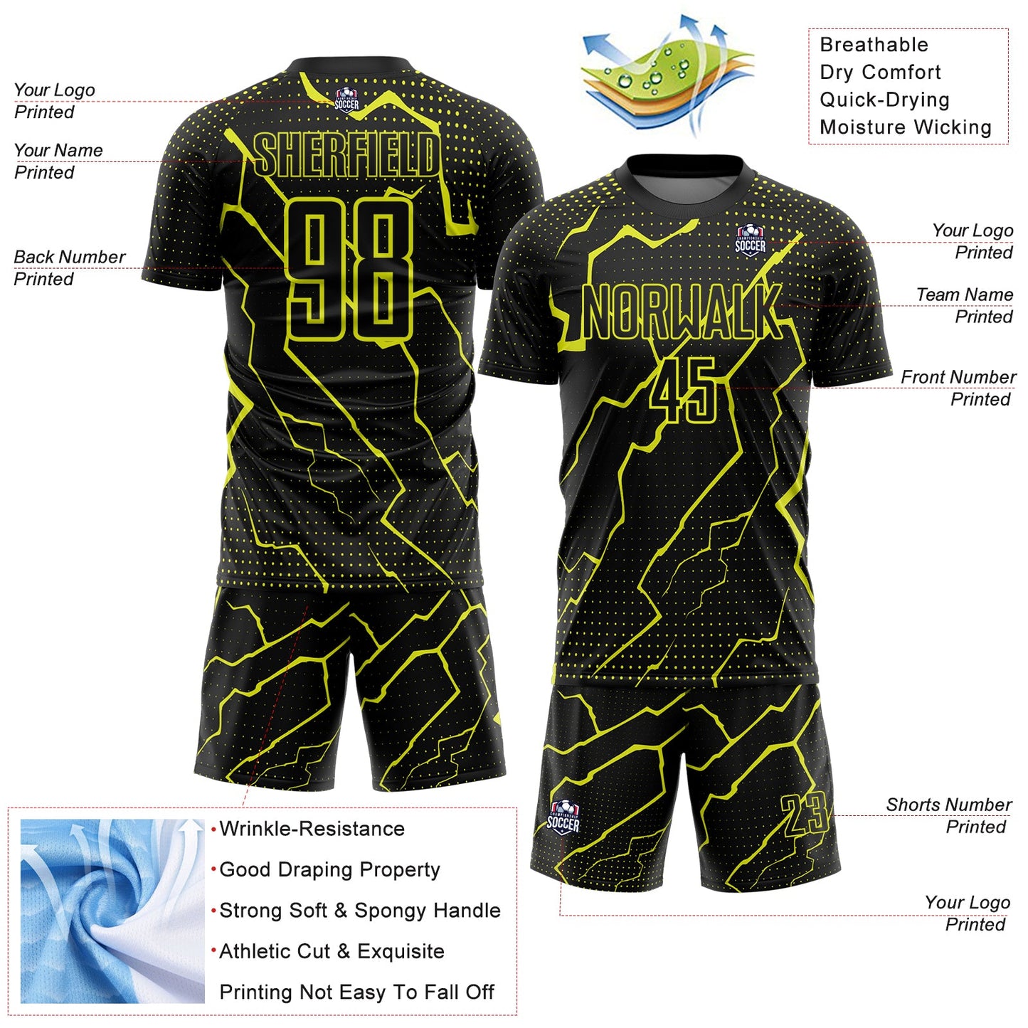 Custom Black Neon Yellow Lightning Sports Sublimation Soccer Uniform Jersey view 4
