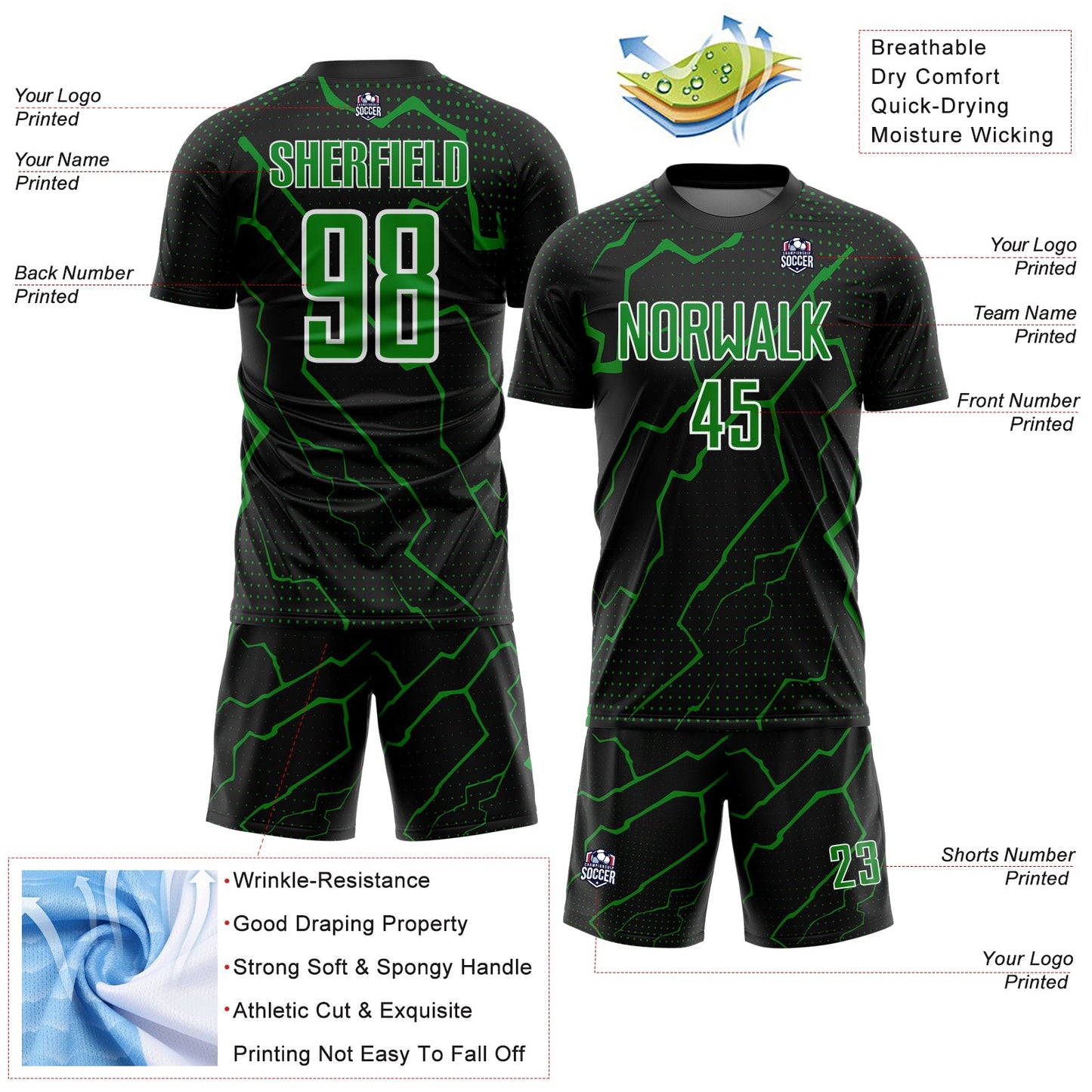 Custom Black Grass Green-White Lightning Sports Sublimation Soccer Uniform Jersey view 4
