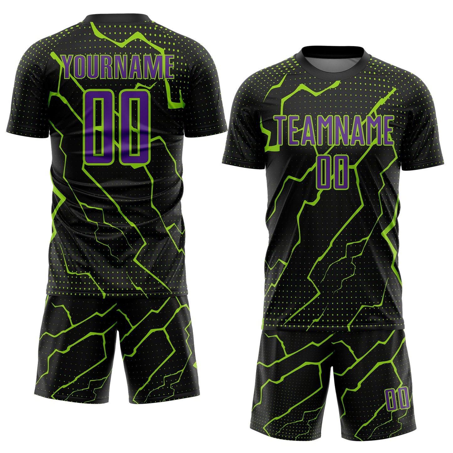 Custom Black Purple-Neon Green Lightning Sports Sublimation Soccer Uniform Jersey view 2