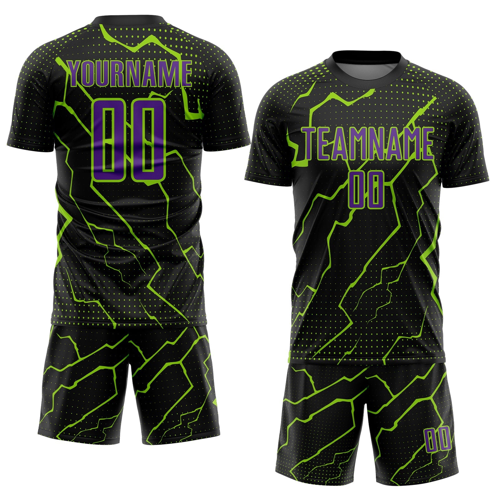 Custom Black Purple-Neon Green Lightning Sports Sublimation Soccer Uniform Jersey view 2