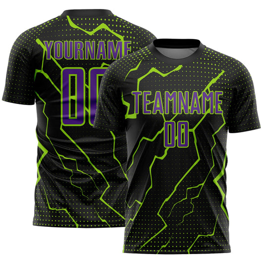 Custom Black Purple-Neon Green Lightning Sports Sublimation Soccer Uniform Jersey - Main View