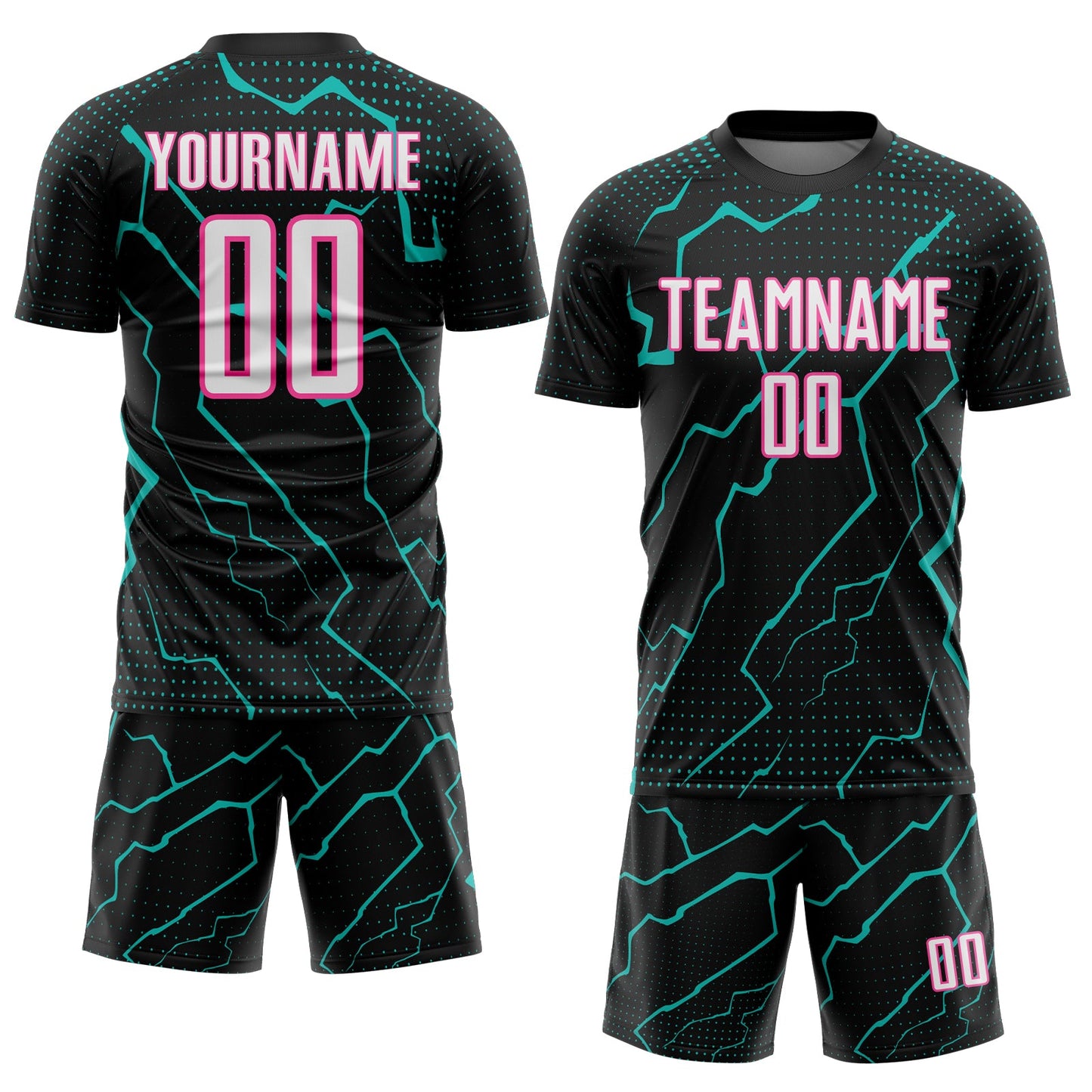 Custom Black White Aqua-Pink Lightning Sports Sublimation Soccer Uniform Jersey view 2