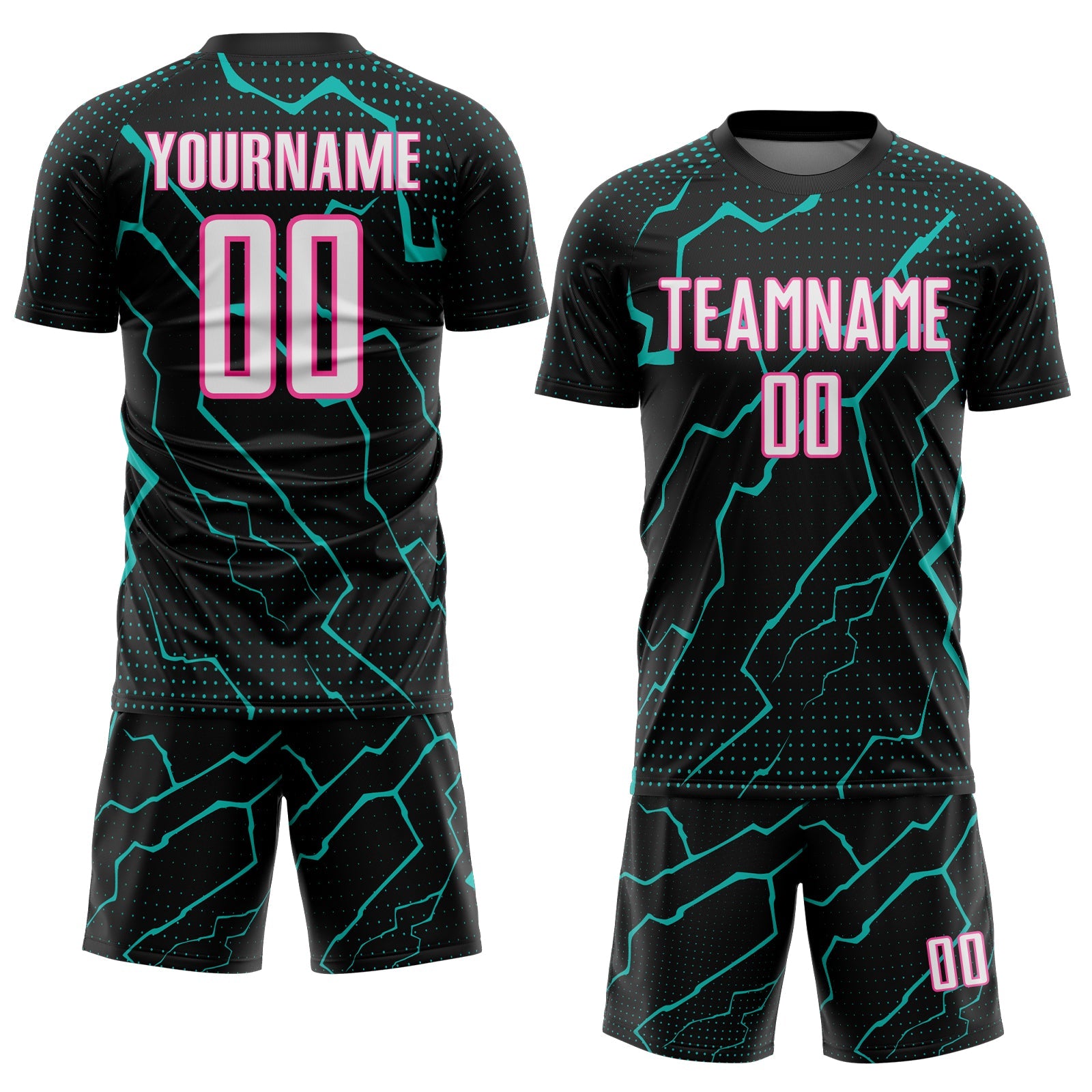 Custom Black White Aqua-Pink Lightning Sports Sublimation Soccer Uniform Jersey view 2
