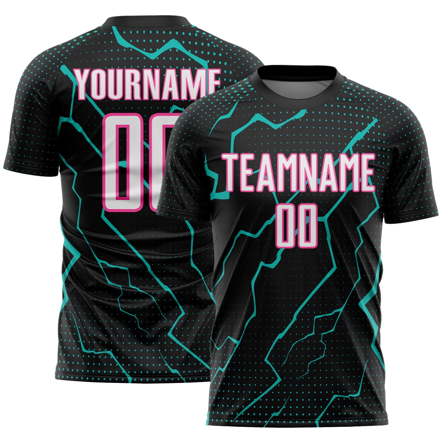 Custom Black White Aqua-Pink Lightning Sports Sublimation Soccer Uniform Jersey - Main View