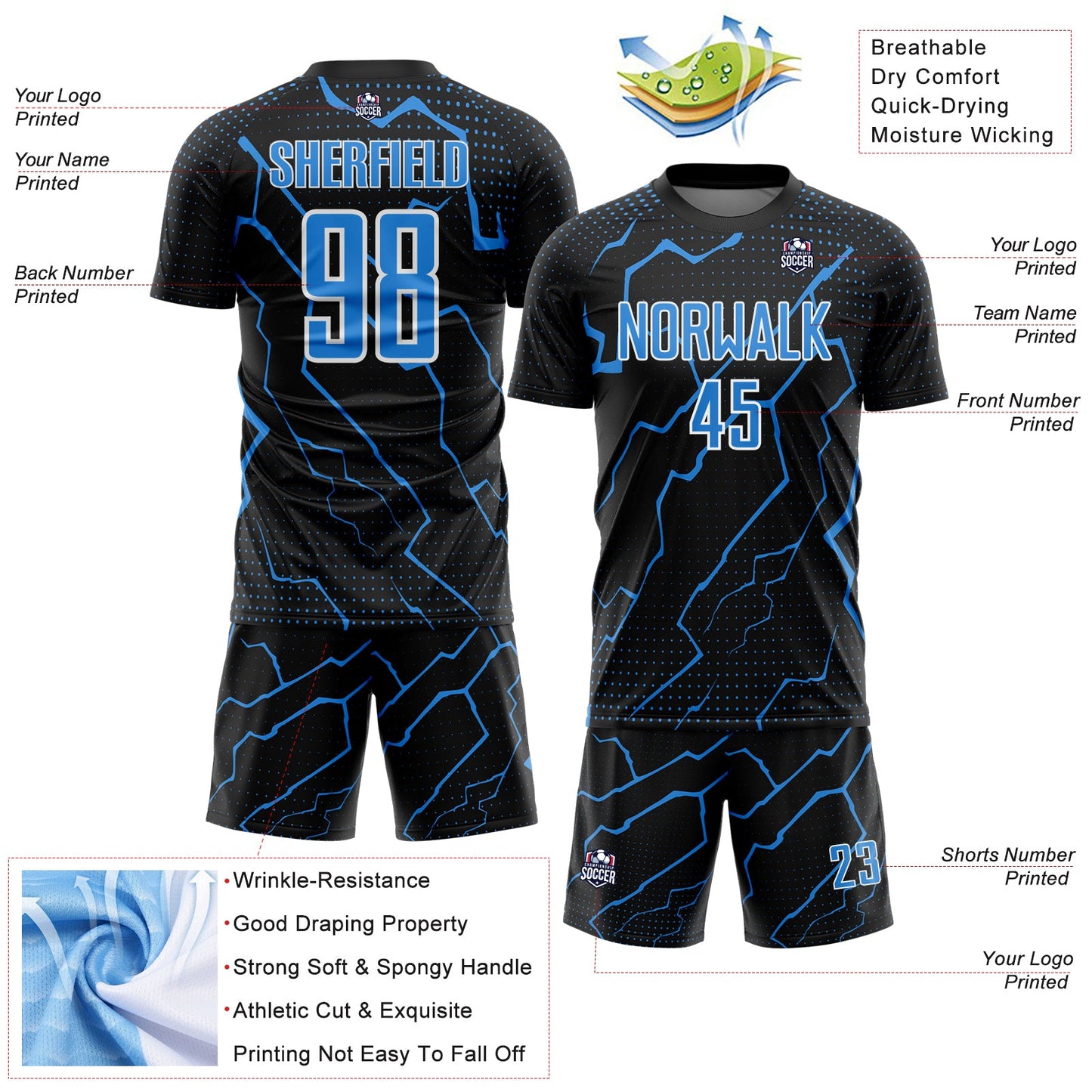 Custom Black Powder Blue-White Lightning Sports Sublimation Soccer Uniform Jersey view 4