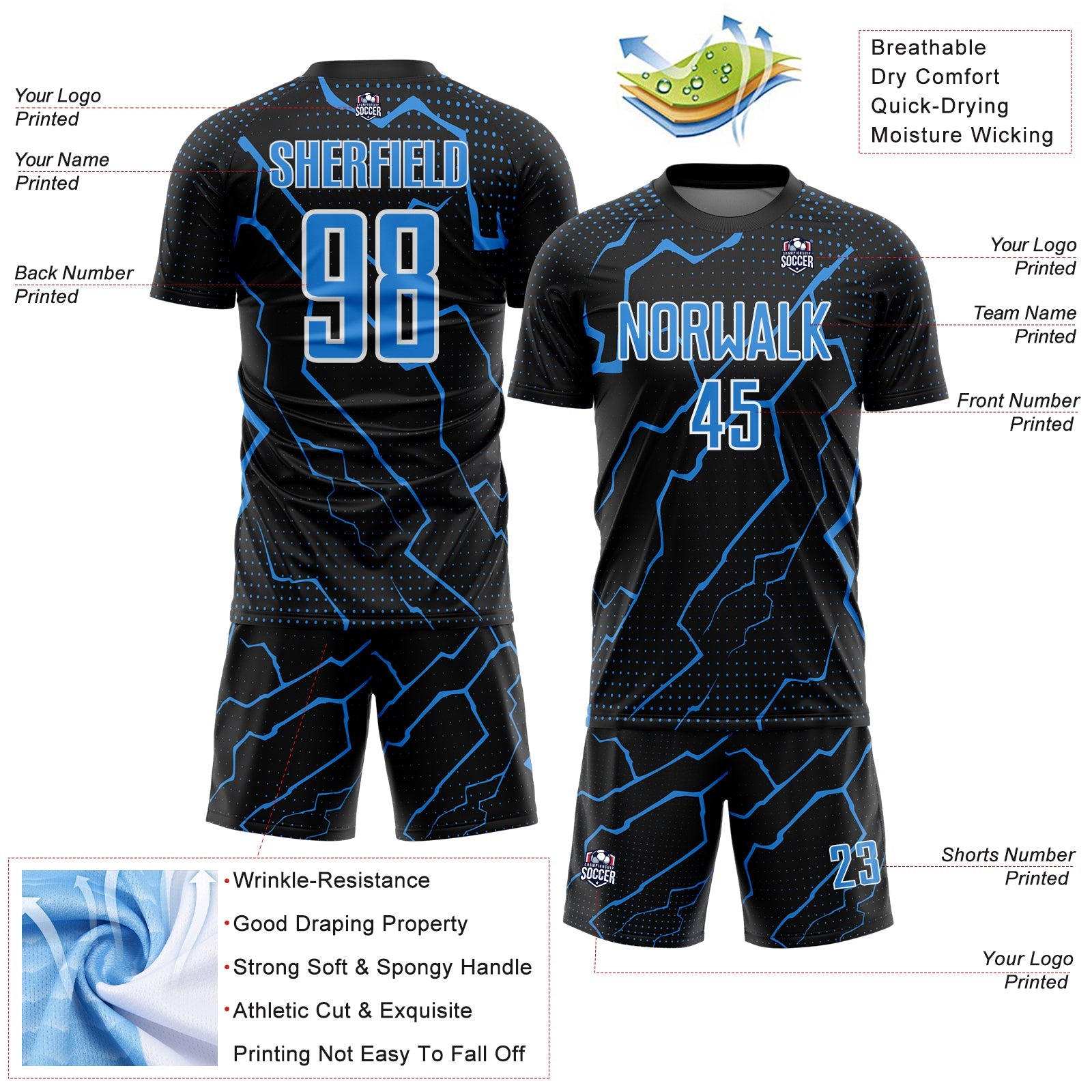 Custom Black Powder Blue-White Lightning Sports Sublimation Soccer Uniform Jersey view 4