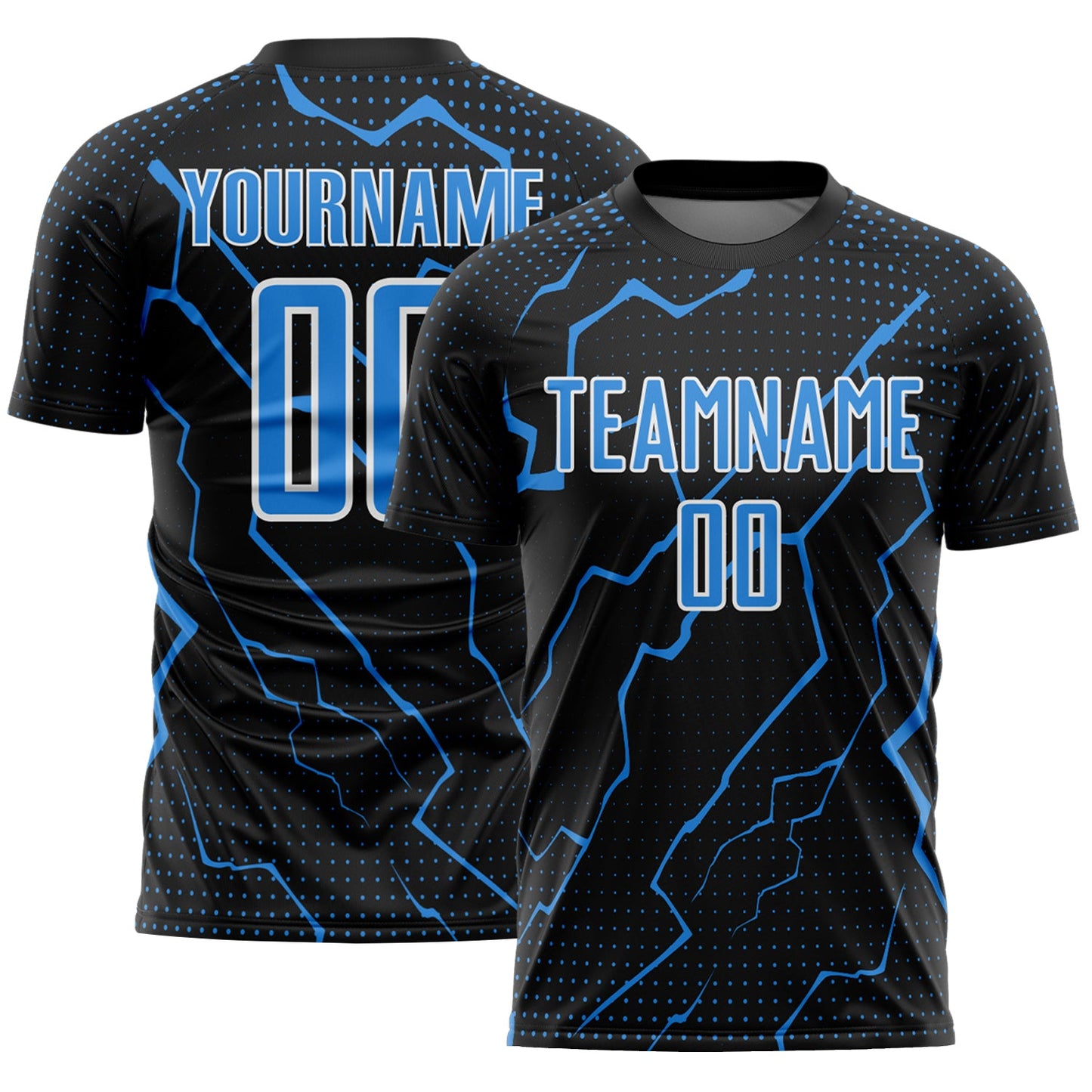 Custom Black Powder Blue-White Lightning Sports Sublimation Soccer Uniform Jersey - Main View
