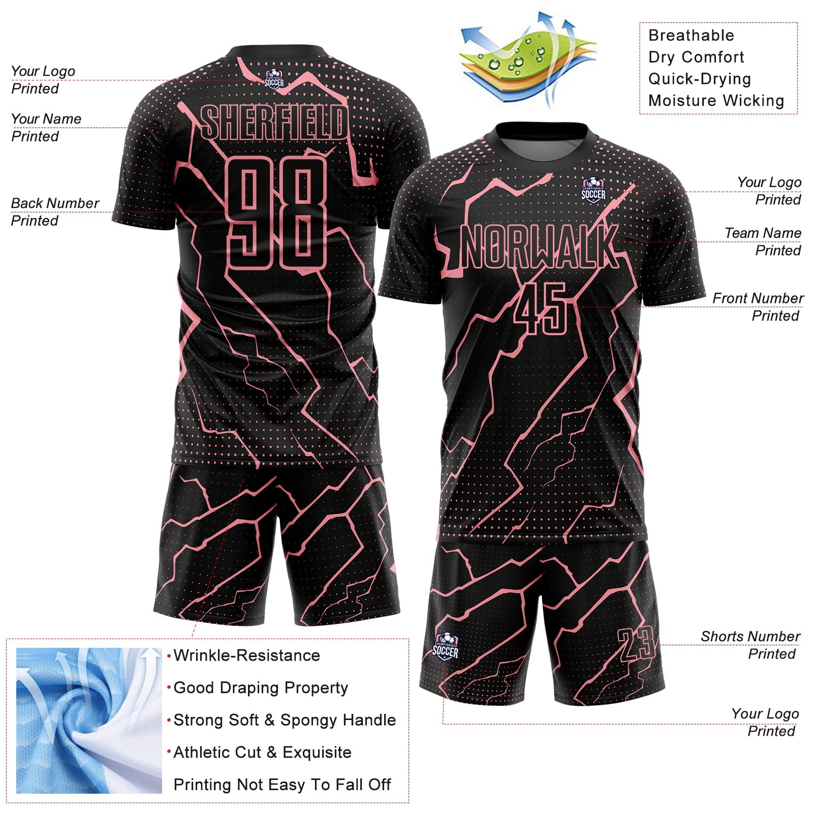 Custom Black Medium Pink Lightning Sports Sublimation Soccer Uniform Jersey view 4