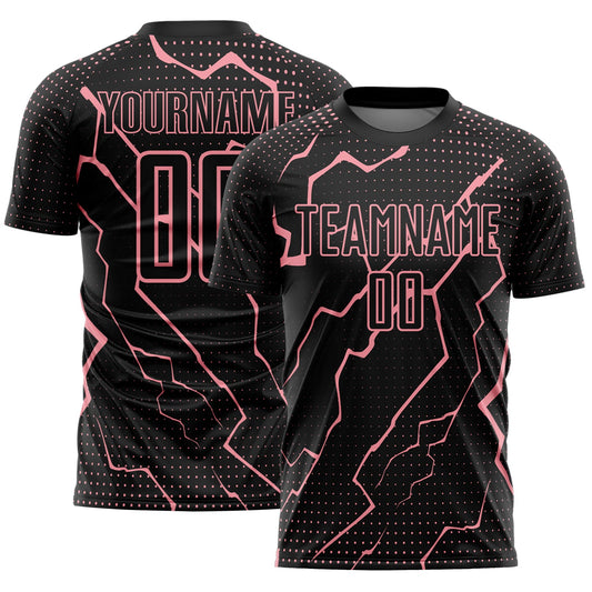 Custom Black Medium Pink Lightning Sports Sublimation Soccer Uniform Jersey - Main View