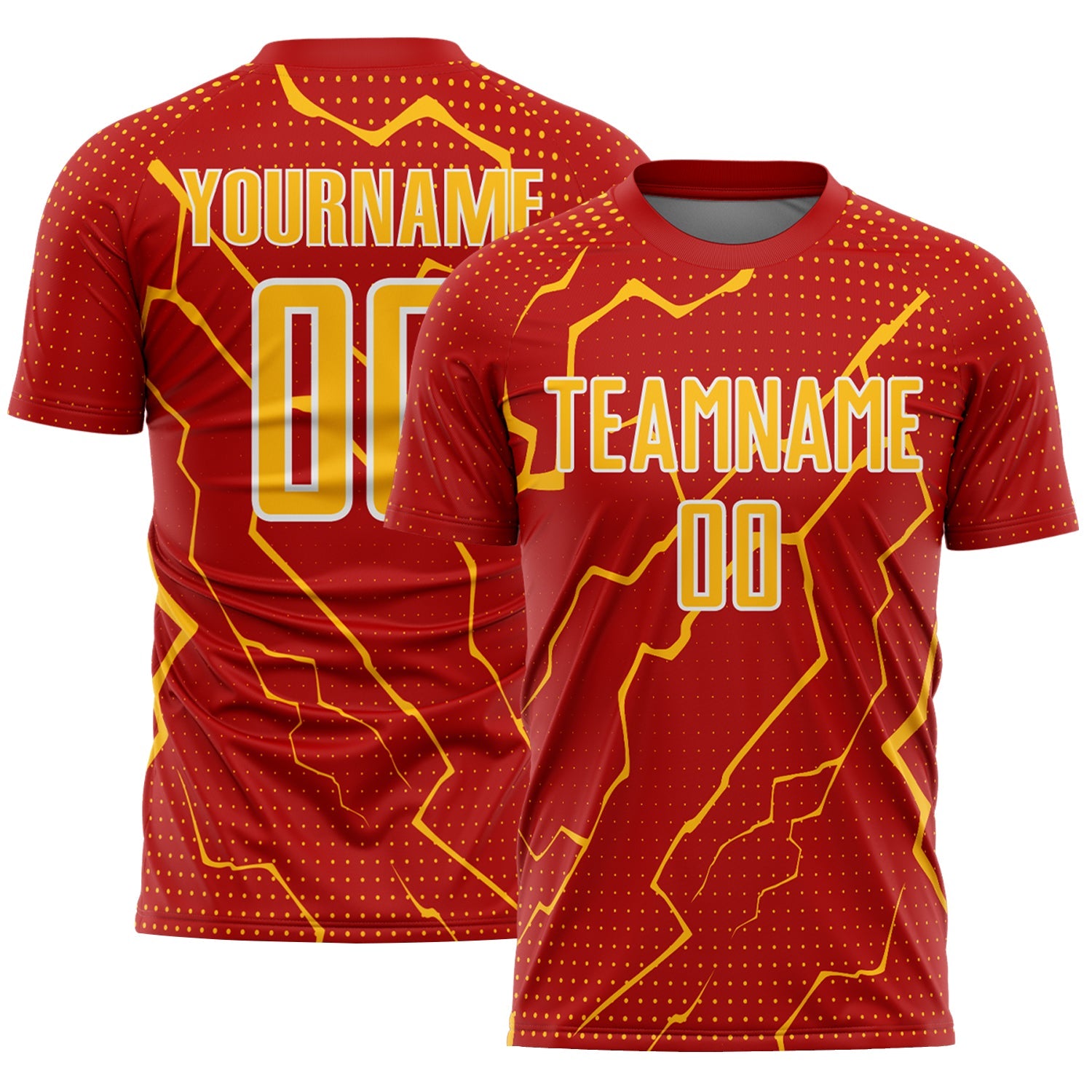 Custom Red Gold-White Lightning Sports Sublimation Soccer Uniform Jersey - Main View