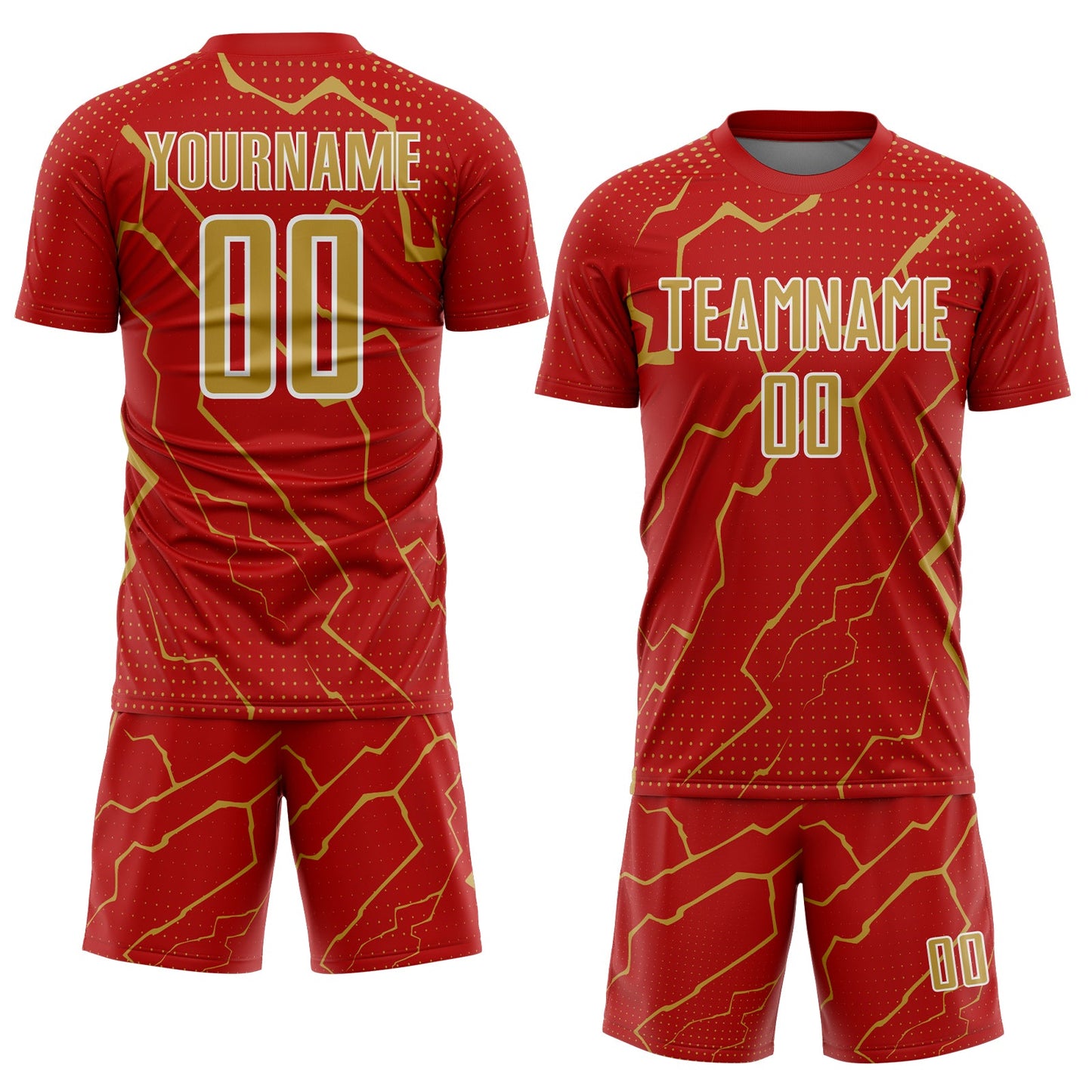 Custom Red Old Gold-White Lightning Sports Sublimation Soccer Uniform Jersey view 2