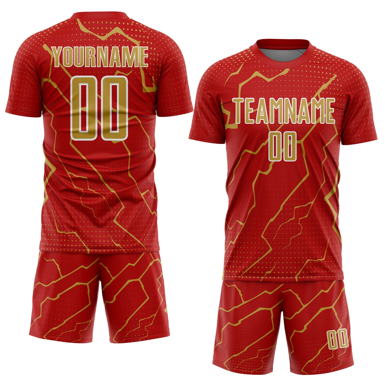 Custom Red Old Gold-White Lightning Sports Sublimation Soccer Uniform Jersey view 2