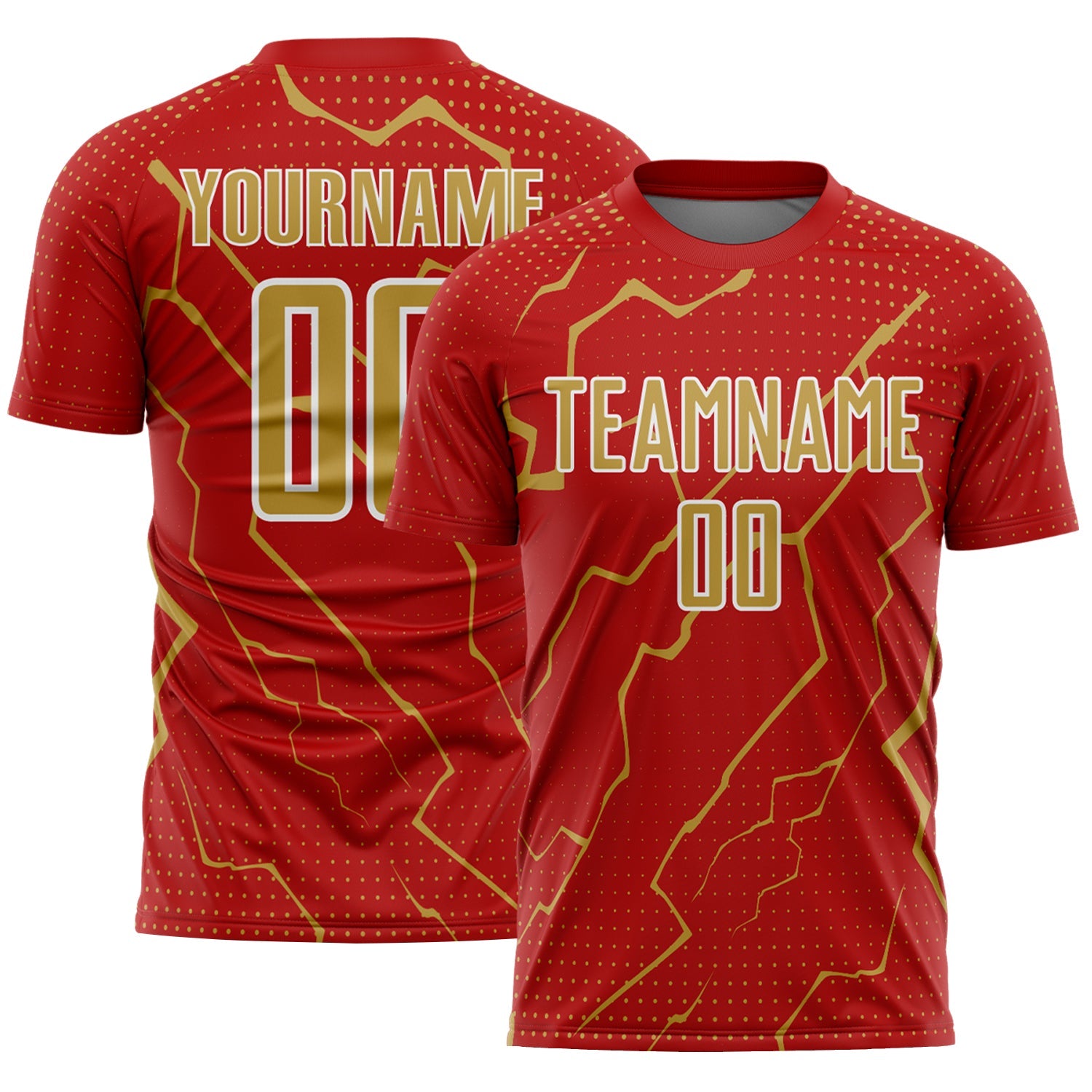 Custom Red Old Gold-White Lightning Sports Sublimation Soccer Uniform Jersey - Main View