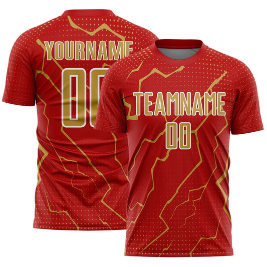 Custom Red Old Gold-White Lightning Sports Sublimation Soccer Uniform Jersey - Main View