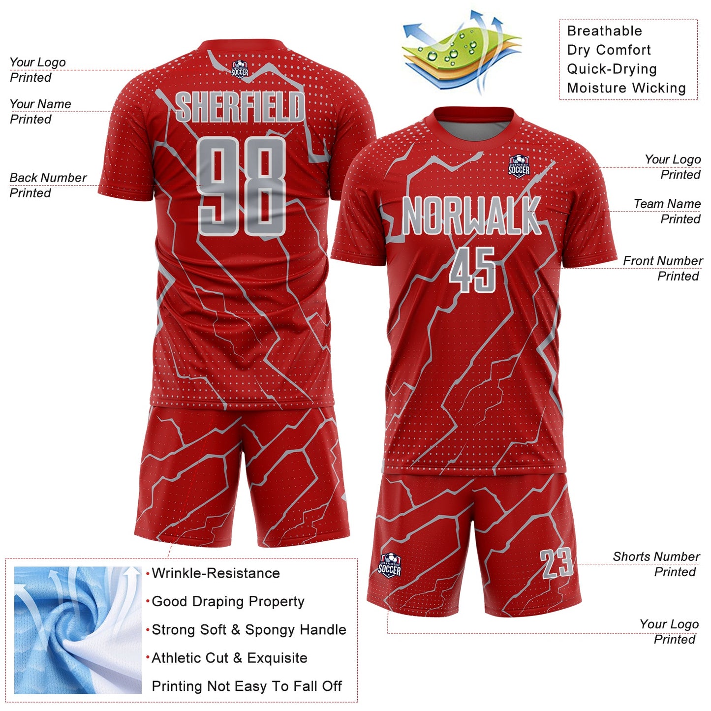 Custom Red Gray-White Lightning Sports Sublimation Soccer Uniform Jersey view 4