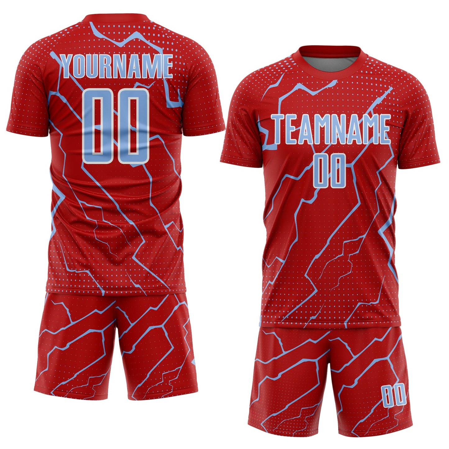 Custom Red Light Blue-White Lightning Sports Sublimation Soccer Uniform Jersey view 2