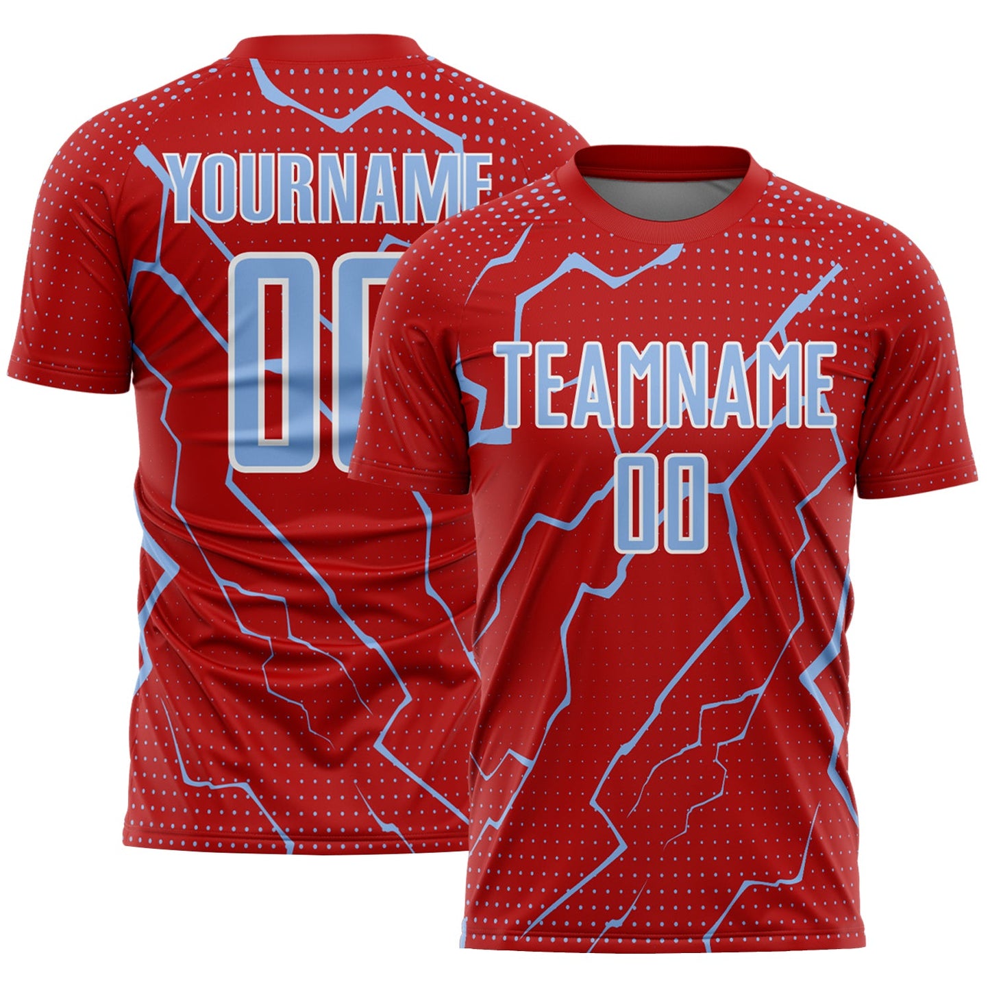 Custom Red Light Blue-White Lightning Sports Sublimation Soccer Uniform Jersey - Main View
