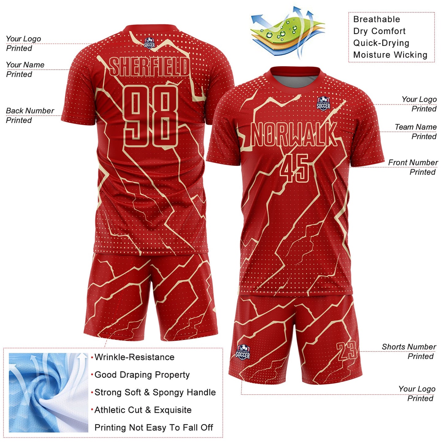 Custom Red Cream Lightning Sports Sublimation Soccer Uniform Jersey view 4
