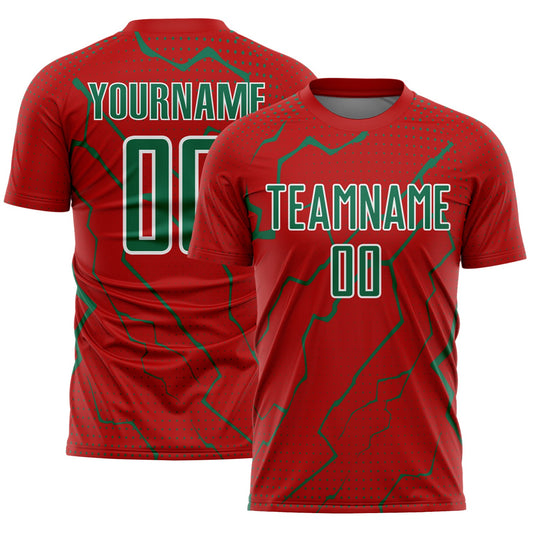 Custom Red Kelly Green-White Lightning Sports Sublimation Soccer Uniform Jersey - Main View