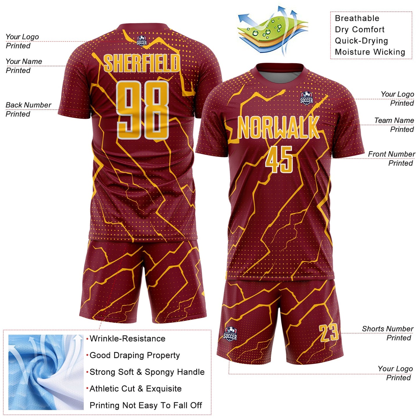 Custom Crimson Gold-White Lightning Sports Sublimation Soccer Uniform Jersey view 4