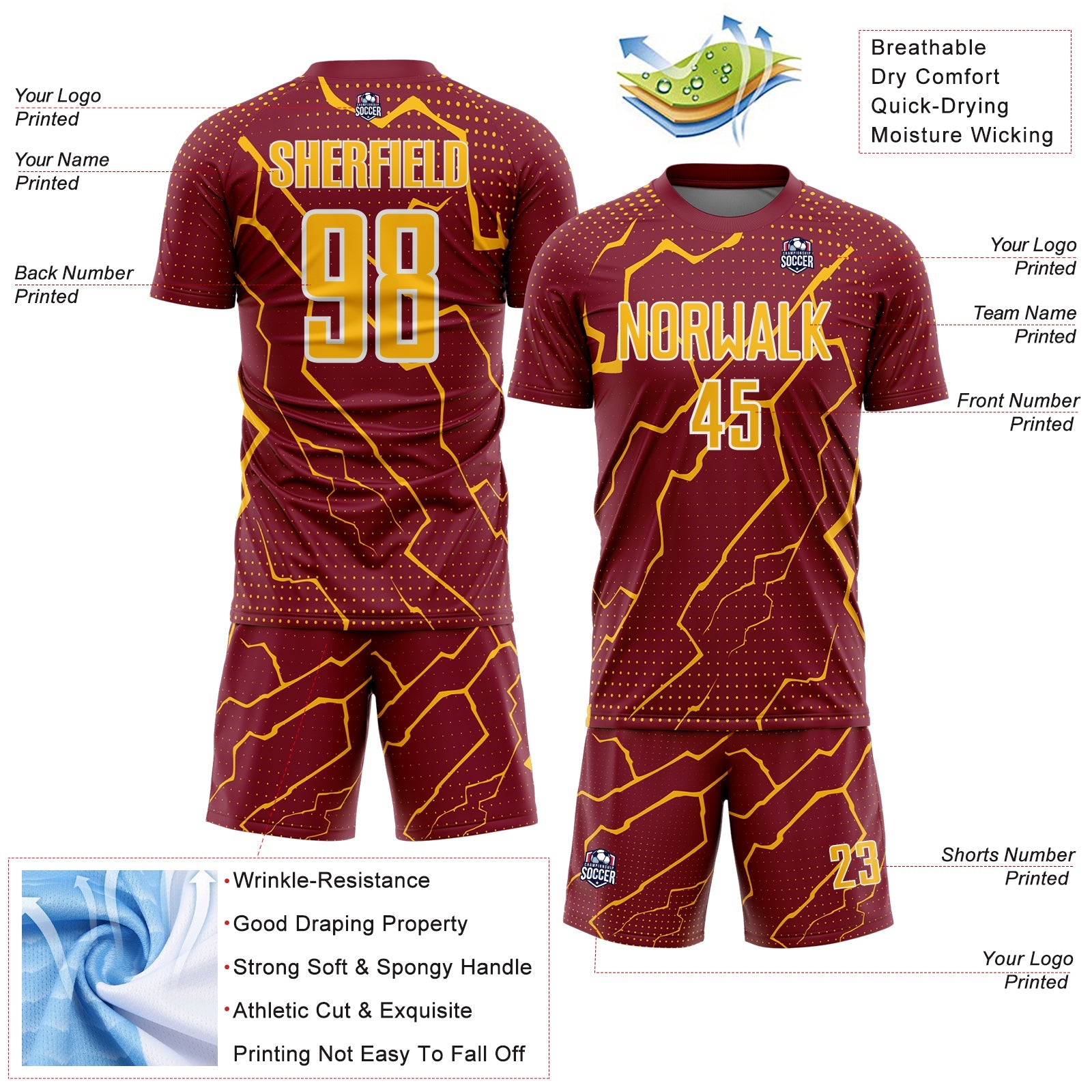 Custom Crimson Gold-White Lightning Sports Sublimation Soccer Uniform Jersey view 4
