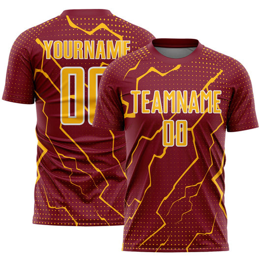 Custom Crimson Gold-White Lightning Sports Sublimation Soccer Uniform Jersey - Main View