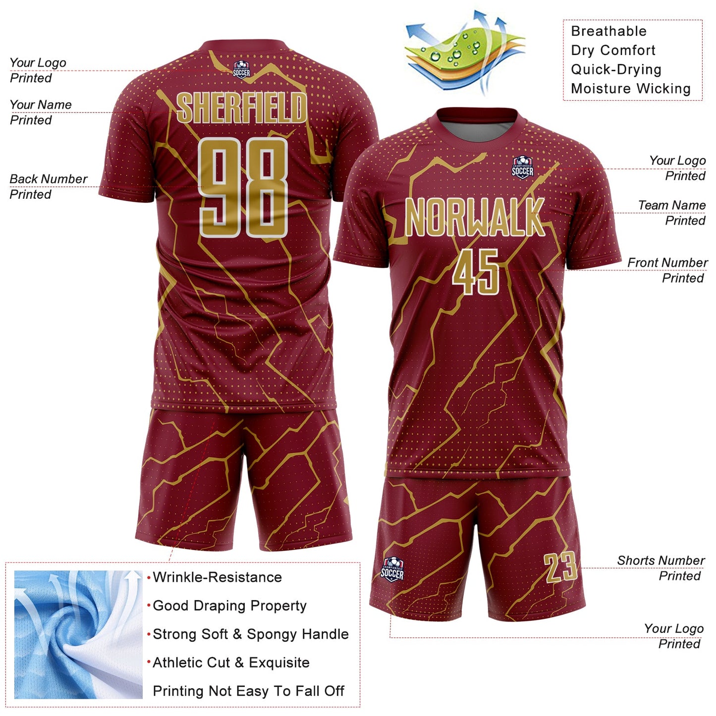 Custom Crimson Old Gold-White Lightning Sports Sublimation Soccer Uniform Jersey view 4