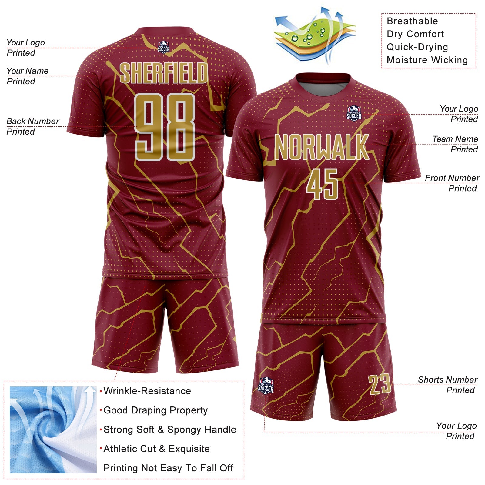 Custom Crimson Old Gold-White Lightning Sports Sublimation Soccer Uniform Jersey view 4