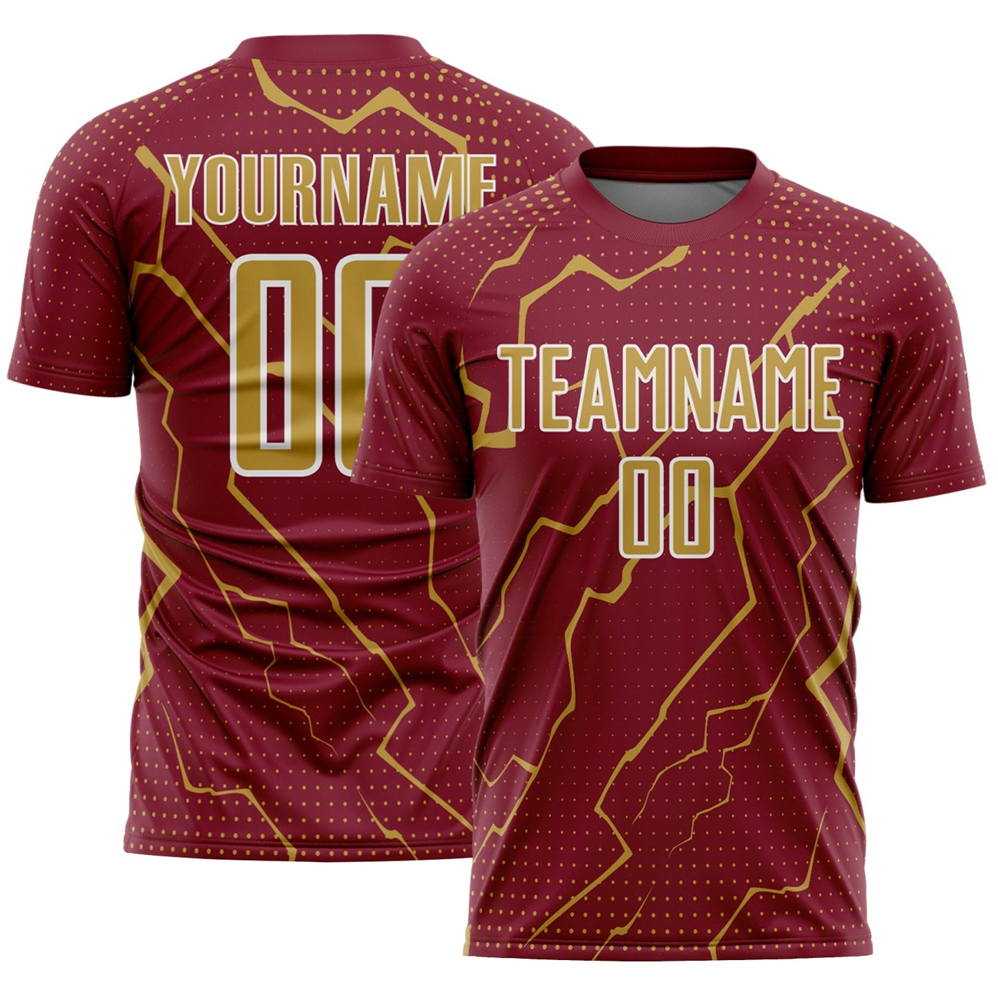Custom Crimson Old Gold-White Lightning Sports Sublimation Soccer Uniform Jersey - Main View