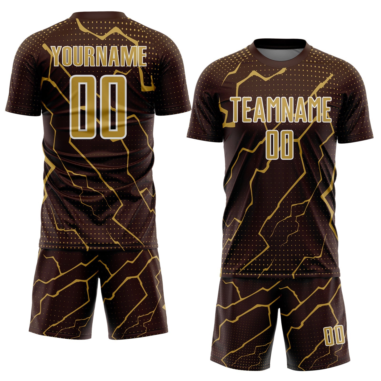 Custom Brown Old Gold-White Lightning Sports Sublimation Soccer Uniform Jersey view 2