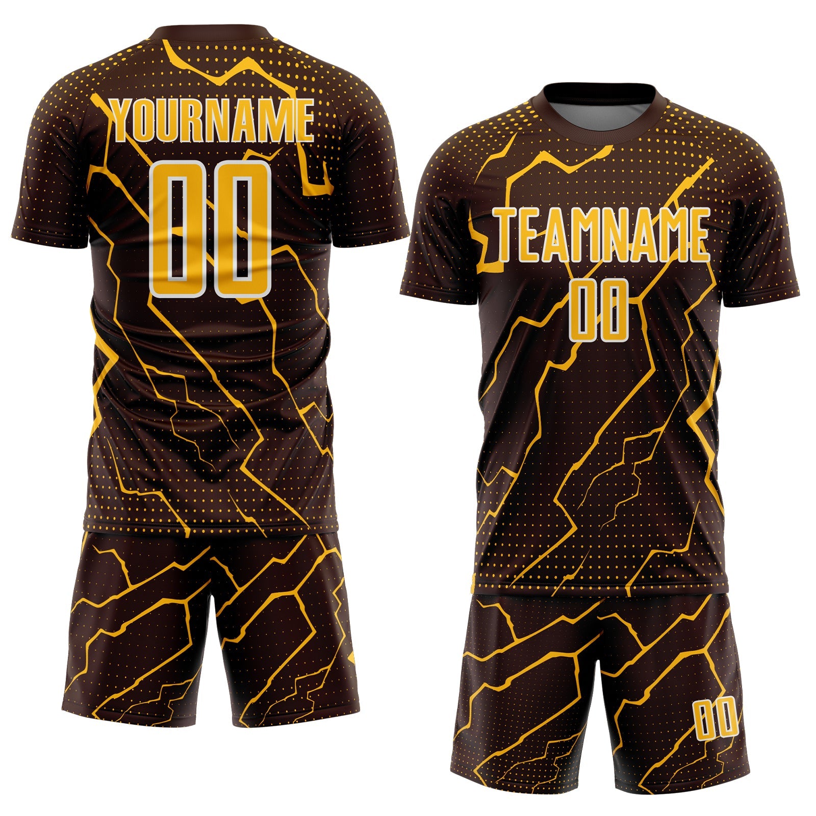 Custom Brown Gold-White Lightning Sports Sublimation Soccer Uniform Jersey view 2
