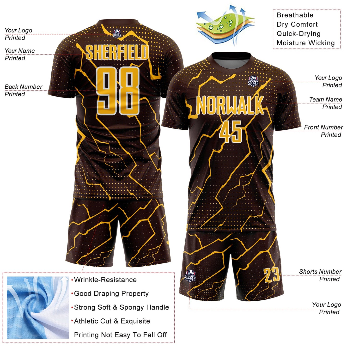 Custom Brown Gold-White Lightning Sports Sublimation Soccer Uniform Jersey view 4