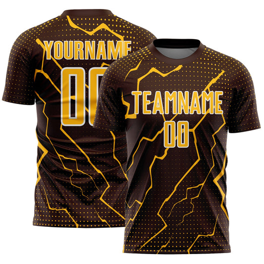 Custom Brown Gold-White Lightning Sports Sublimation Soccer Uniform Jersey - Main View