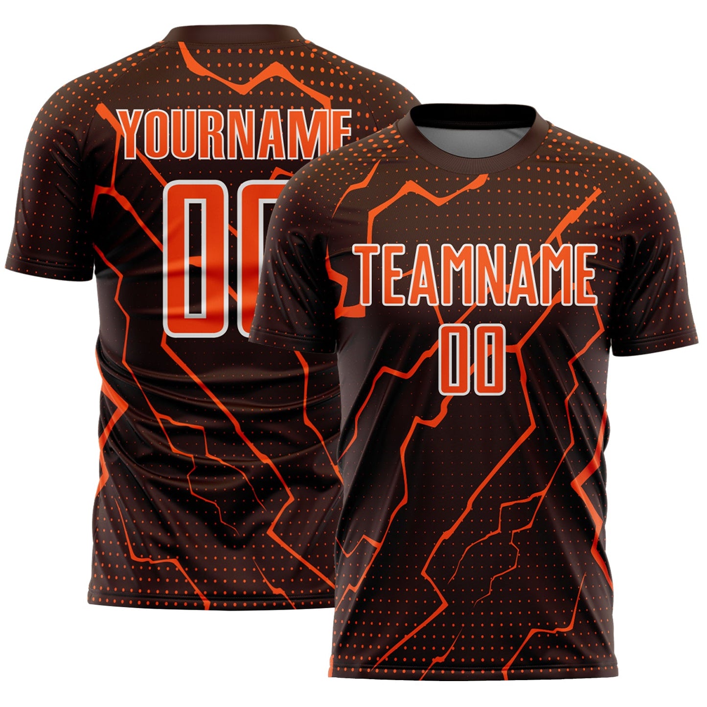 Custom Brown Orange-White Lightning Sports Sublimation Soccer Uniform Jersey - Main View