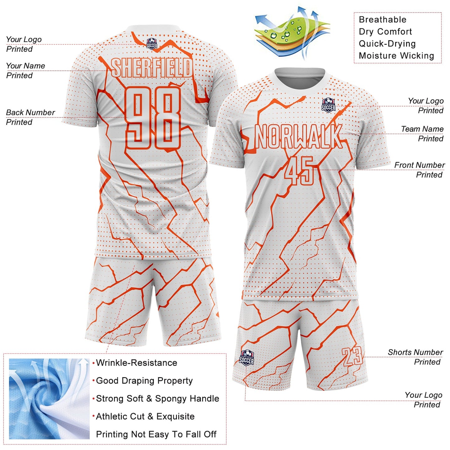 Custom White Orange Lightning Sports Sublimation Soccer Uniform Jersey view 4